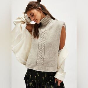 NWT Free People Greige Taupe Cable Knit Sweater vest poncho OSFM